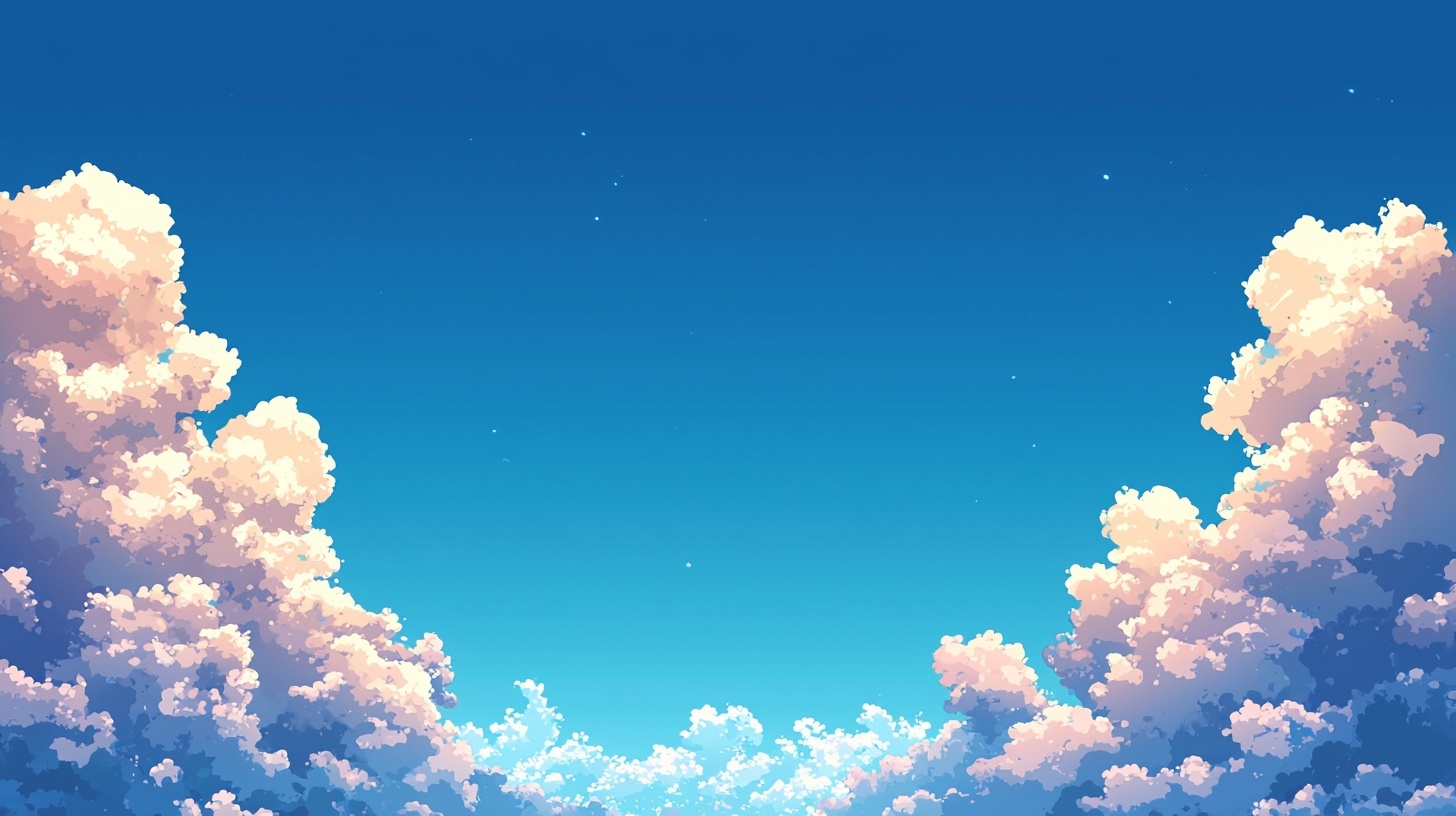 A cartoon, cloudy blue sky