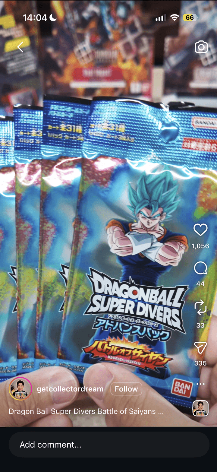 A CollectorDream Instagram Reel opening Dragon Ball Super Divers packs