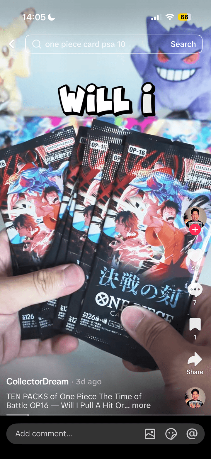 A CollectorDream TikTok opening One Piece packs, captioned "Will I Pull"